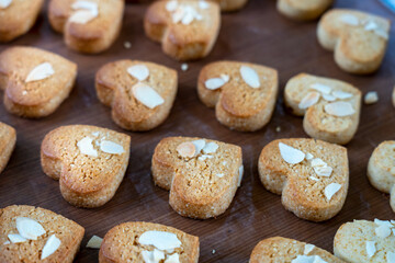 Homemade cookies on table. Closeup of a group of assorted Heart cookies.