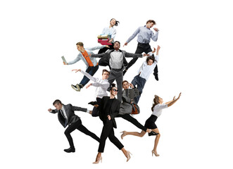 Plakat Emotional office workers jumping and dancing in casual clothes and business suit with folders, coffee, tablet on white. Ballet dancers. Creative collage.
