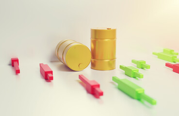 Two gold  barrels of oil on the chart of growth and fall with voluminous Japanese candlesticks on a white background, the concept of black gold volatility in the forex market, 3d rendering