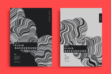 Grey cover design with fluids form composition. Abstract wavy shapes background. Gray, black and white dynamic striped flyer.