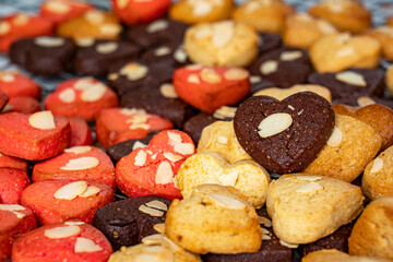 Homemade cookies on table. Closeup of a group of assorted Heart cookies.