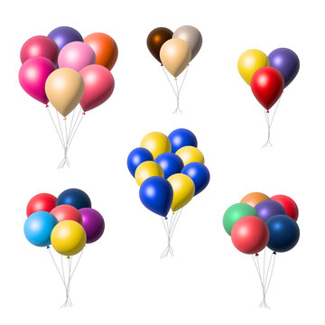 High quality super realistic bunches of balloons. 3d maked colorful party balloons on transparent background, birthday decoration. Flying party ballon set, design element for cards, invitations etc.