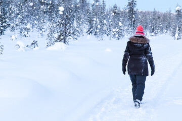 Fototapeta na wymiar A woman walking in the snow
