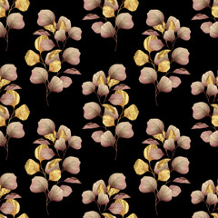 Fototapeta na wymiar Seamless pattern of autumn brown and gold leaves on black background