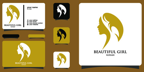 Elegant woman face logo with business card premium vector