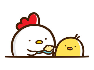 ひよこに離乳食を与えるにわとり親子のかわいい手書き風イラスト