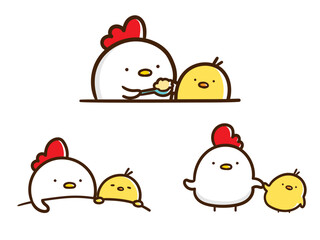 にわとりとひよこ親子の日常生活かわいい手書き風イラストセット