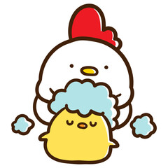 風呂でひよこの身体を洗うにわとり親子のかわいい手書き風イラスト © choconasu