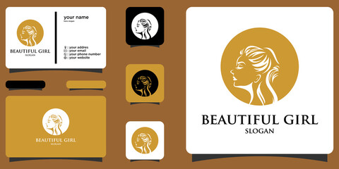 Elegant woman face logo with business card premium vector