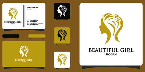 Elegant woman face logo with business card premium vector