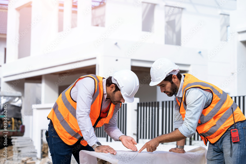 Poster architect,foreman and worker discussing in building construction site in construction site,construct