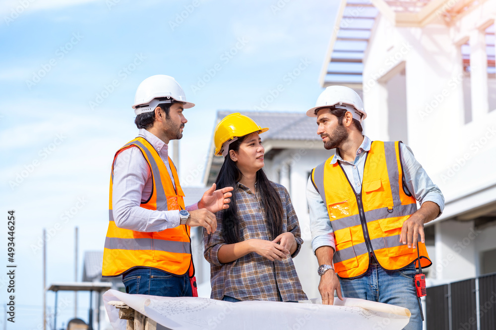 Aufkleber Group of builders in working uniform are working on a building site,Civil engineer project construction work.