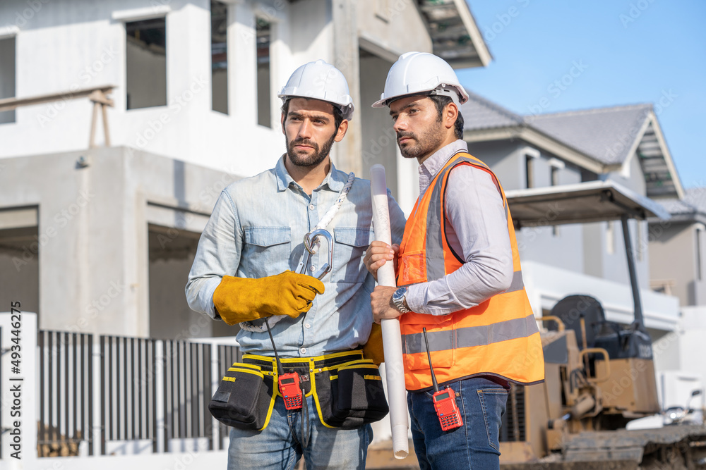 Aufkleber Architect and engineer foreman in helmet working on a building site,Civil engineer project construction work.