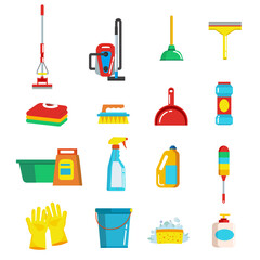 Household cleaning tools and detergents. Household goods, household products isolated on white background. Vector illustration