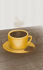 Cup of coffee and a cookie on brown wooden table, blank copy space on white background.
