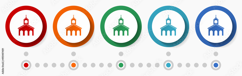Poster church concept vector icon set, flat design colorful buttons, infographic template in 5 color option