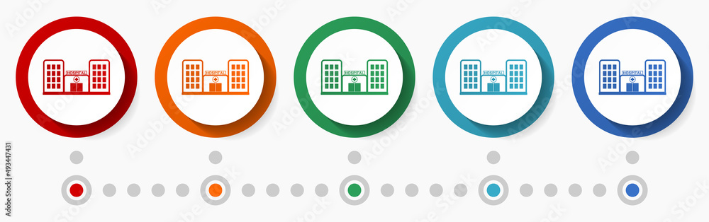 Poster hospital building concept vector icon set, flat design colorful buttons, infographic template in 5 c