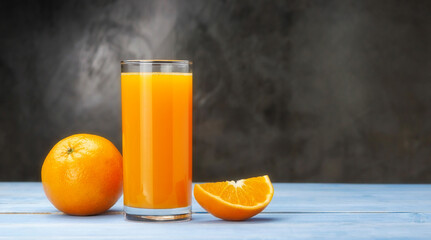 Fresh orange juice on a blue wooden table.