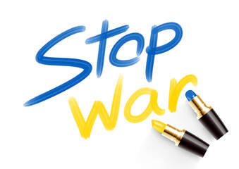 Stop War text drawing by Lipstick blue and yellow color, Peace Pray for Ukraine and Stop war concept design illustration isolated on white background with copy space, vector