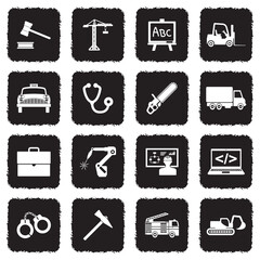 Work Icons. Grunge Black Flat Design. Vector Illustration.