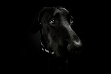 Portrait of a black dog in studio on black wall background 