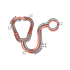 Stethoscope icon in comic style. Heart diagnostic cartoon vector illustration on isolated background. Medicine splash effect sign business concept.