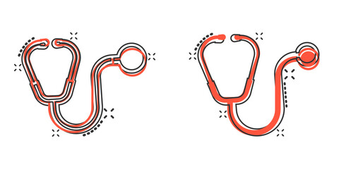 Stethoscope icon in comic style. Heart diagnostic cartoon vector illustration on isolated background. Medicine splash effect sign business concept.