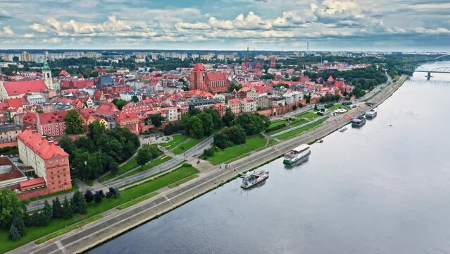 Aerial view of Torun old town and Vistula river.