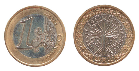 France - circa 2000 : a 1 Euro coin of France with a map of Europe and a tree with text: Liberty,...