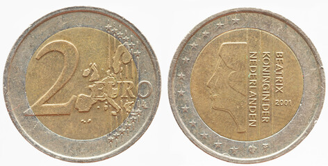 Netherlands - circa 2001: a 2 Euro coin of Netherlands with a map of Europe and a portrait of Queen...