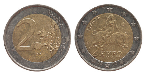 Greece - circa 2002 : a 2 Euro coin of Greece with a map of Europe and a woman Europe on the bull