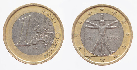 Italy - circa 2002 : a 1 Euro coin of Italy with a map of Europe and the Vitruvian man with open...