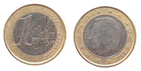 Belgium - circa 2002 : a 1 Euro coin of Belgium with a map of Europe and with a portrait of King...