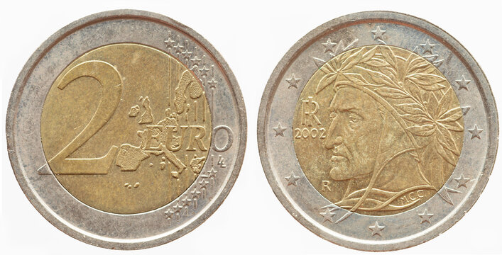 Italy - circa 2005: a 2 Euro coin of Italy with a map of Europe and a portrait of the Italian poet and philosopher Dante Alighieri