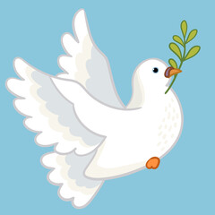 Cute cartoon white dove bird with branch of the plant vector