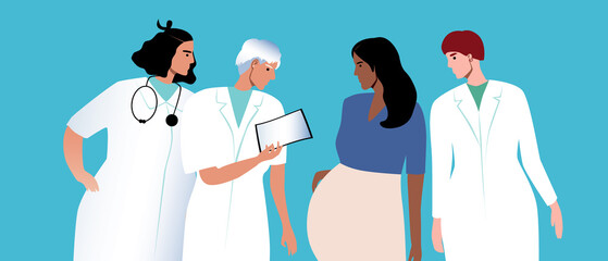 Patient pregnant woman and team of doctors, flat vector stock illustration as concept of in vitro fertilization and care for reproductive health - obrazy, fototapety, plakaty
