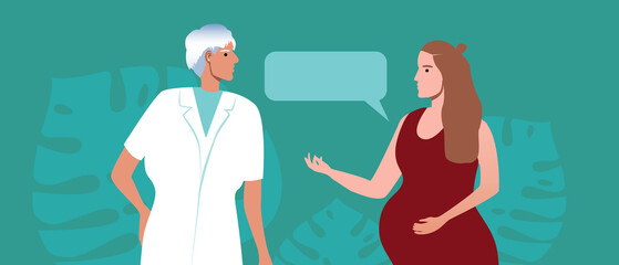Pregnant woman patient and consultation with obstetrician or gynecologist, flat vector stock illustration with treatment during pregnancy and before childbirth