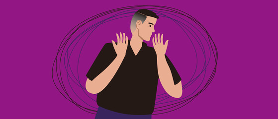 Obraz na płótnie Canvas Man with mental problem or with PTSD, flat vector stock illustration with despair after military situation
