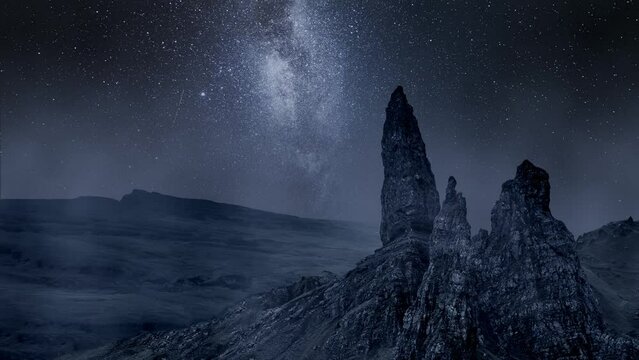 Milky way over Old Man of Storr, Scotland at night