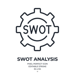 SWOT analysis cogwheel concept editable stroke outline icon isolated on white background flat vector illustration. Pixel perfect. 64 x 64..