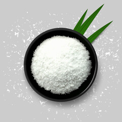 Realistic vector illustration of coconut flakes in a black bowl, scattered shredded meat and palm leaves. Isolated on gray background. Top view. 