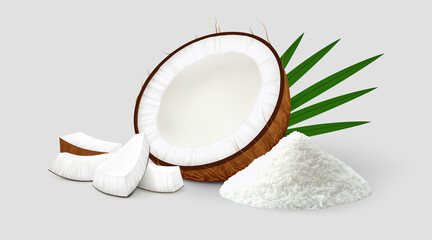Halved coco fruit with several pieces, palm leaves and pile of coconut flakes isolated on gray background. Realistic vector illustration. Side view. - obrazy, fototapety, plakaty