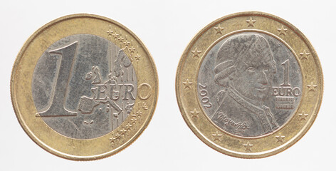 Austria - circa 2002: a 1 Euro coin of Austria with a map of Europe and a portrait of the musician...