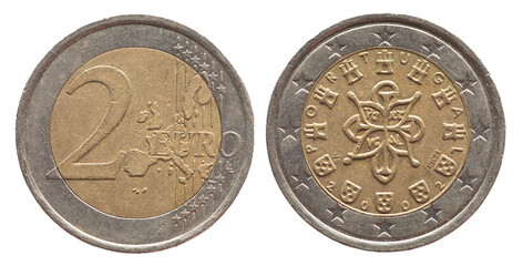 Portugal - circa 2002 : a 2 Euro coin of Portugal with a map of Europa and word marks from 1143
