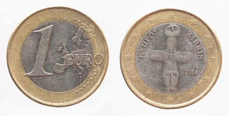 Cyprus - circa 2008 : a 1 Euro coin of Cyprus with a map of Europe and the female figure from...