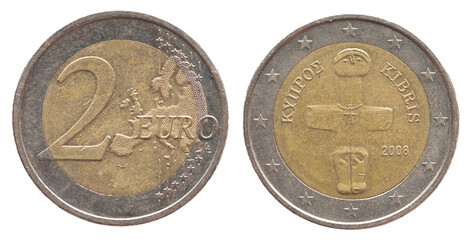 Cyprus - circa 2008 : a 2 Euro coin of Cyprus with a map of Europe and the female figure from...