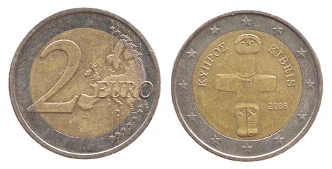 Gordijnen Cyprus - circa 2008 : a 2 Euro coin of Cyprus with a map of Europe and the female figure from Picrolith the idol of Pomos © zabanski