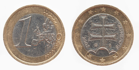 Slowakia - circa 2009 : a 1 Euro coin of Slovakia with a map of Europe and with a double cross on...