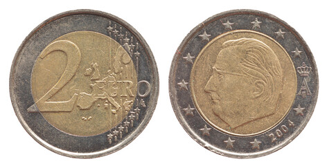 Belgium - circa 2004 : a 2 Euro coin of Belgium with a map of Europe and with a portrait of King...