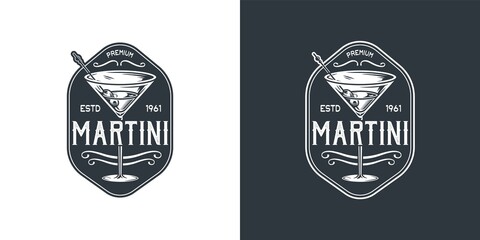 Drink martini cocktail with olives for alcohol bar. Monochrome design with glass of martini for party - obrazy, fototapety, plakaty